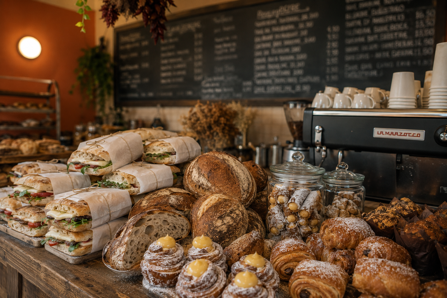 A bustling Italian deli counter piled high with sourdough loaves, focaccia sandwiches, cannoli, croissants and fresh pastries