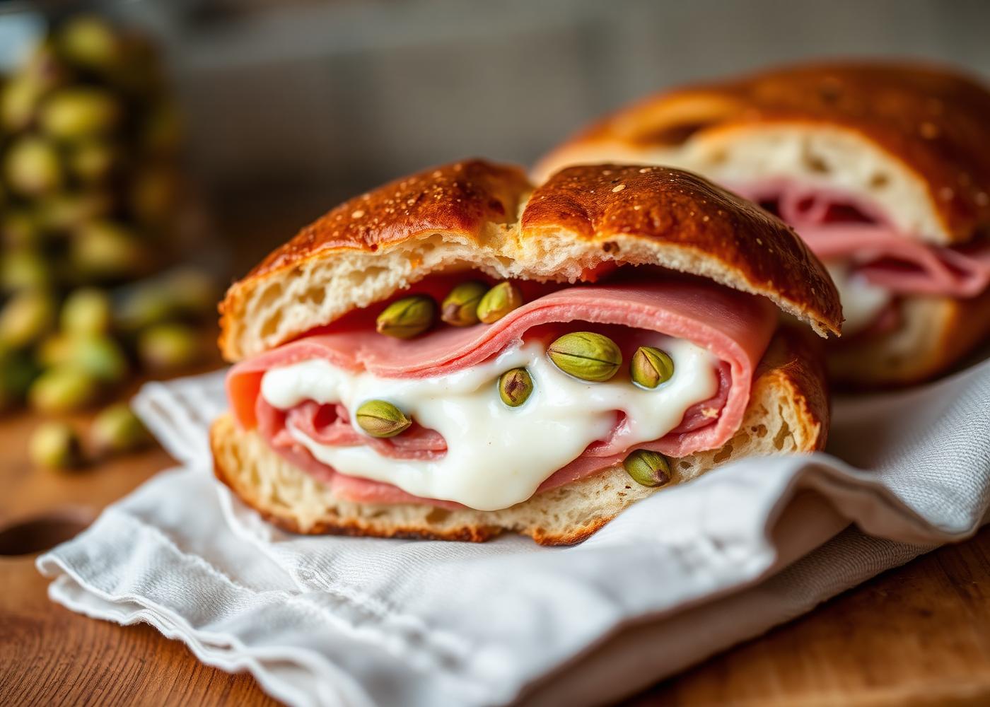 Focaccia sandwiches stacked on the counter